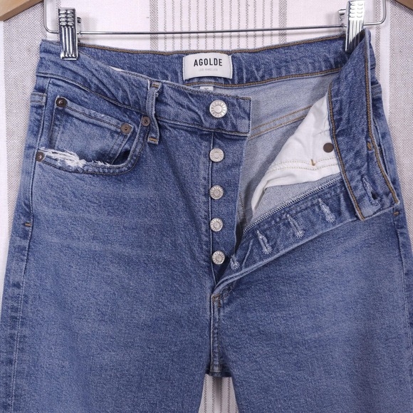 AGOLDE Riley Jeans Womens 26 Blue High Rise Crop Straight Distressed Button Fly - Picture 3 of 12